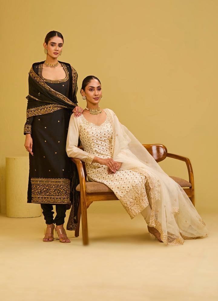 Ivory And Gold Chanderi Straight Kurta Set
