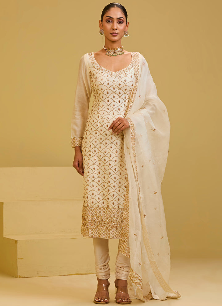 Ivory And Gold Chanderi Straight Kurta Set