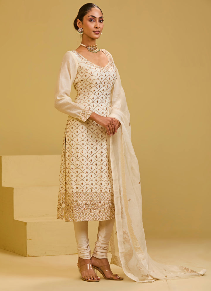 Ivory And Gold Chanderi Straight Kurta Set
