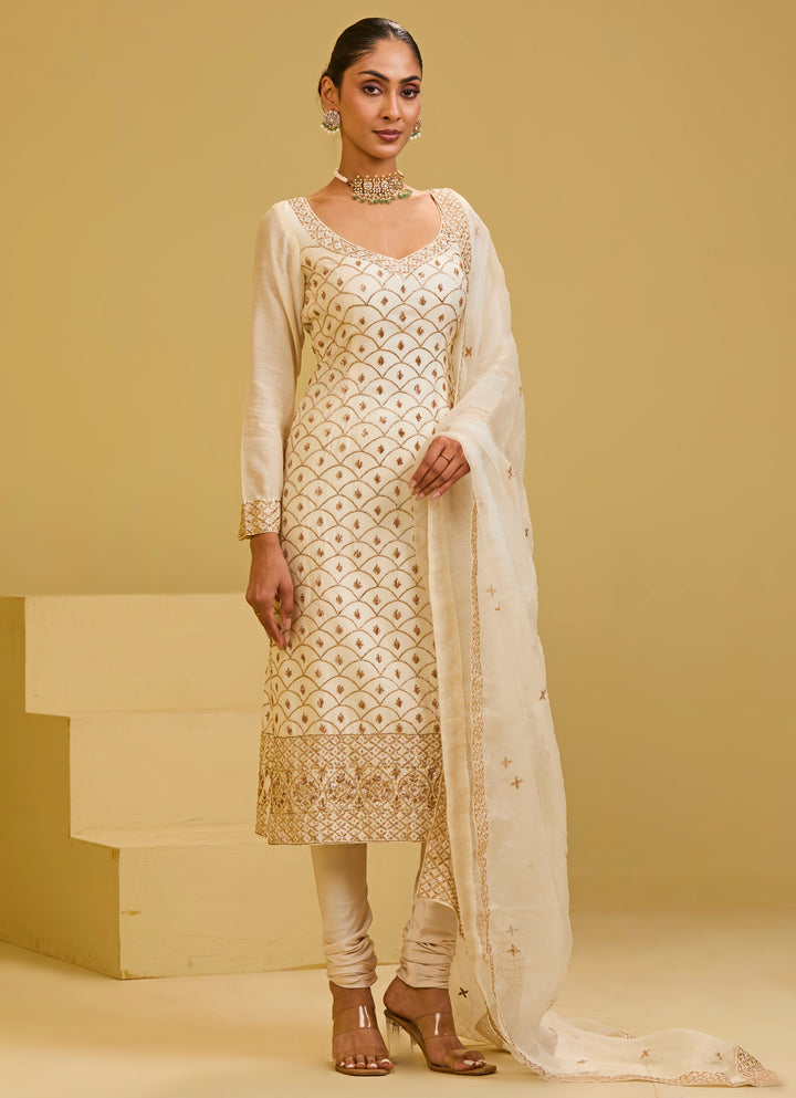 Ivory And Gold Chanderi Straight Kurta Set