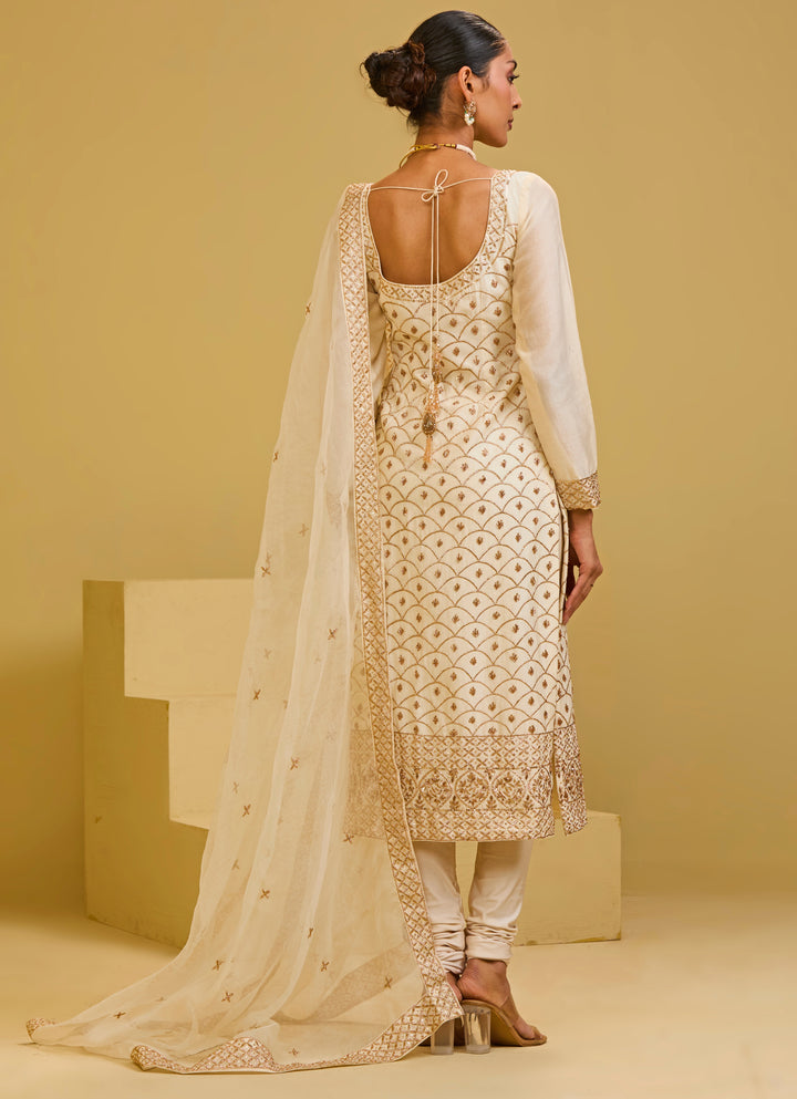 Ivory And Gold Chanderi Straight Kurta Set