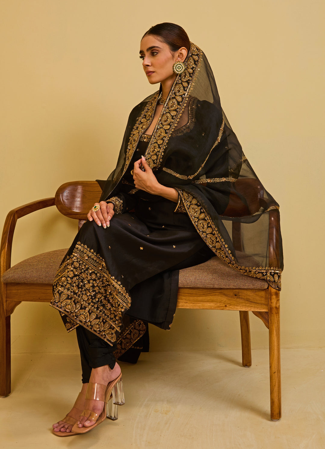 Black Chanderi Straight Kurta Set