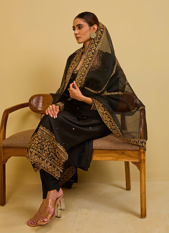 Black Chanderi Straight Kurta Set