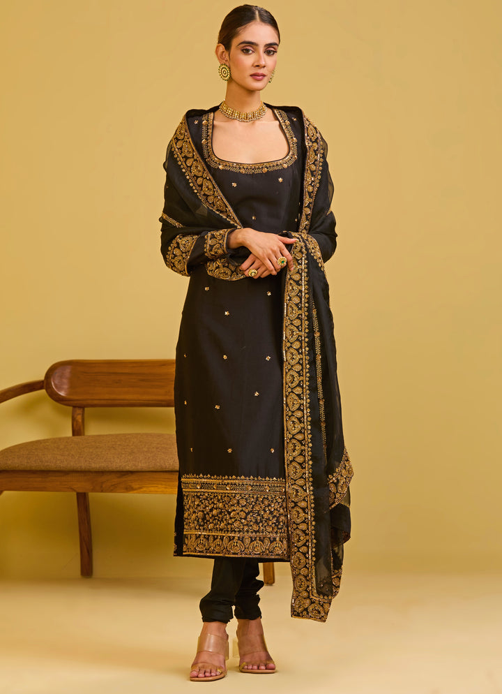Black Chanderi Straight Kurta Set