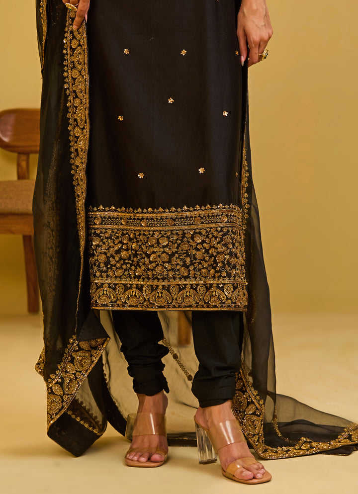 Black Chanderi Straight Kurta Set