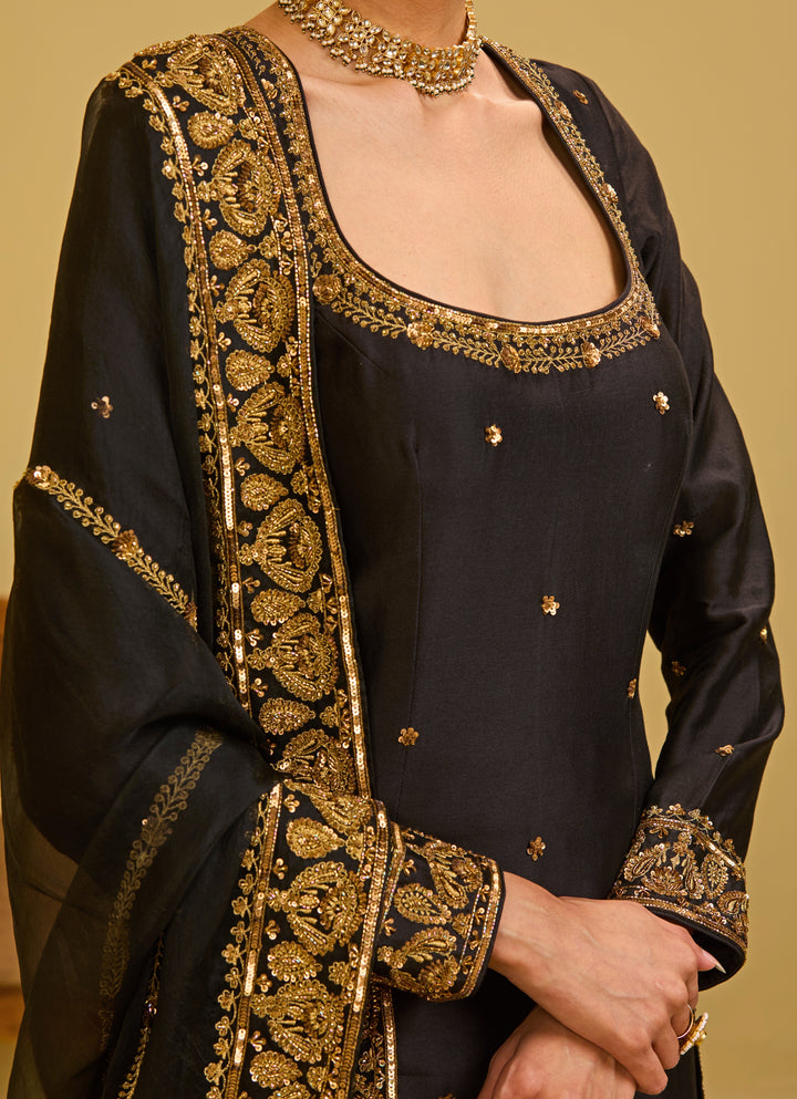 Black Chanderi Straight Kurta Set