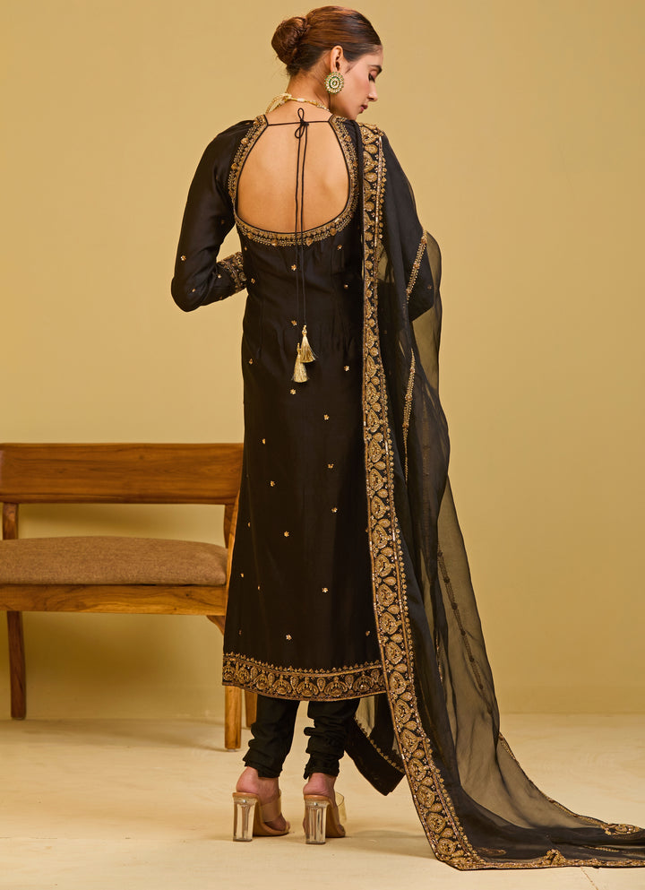Black Chanderi Straight Kurta Set