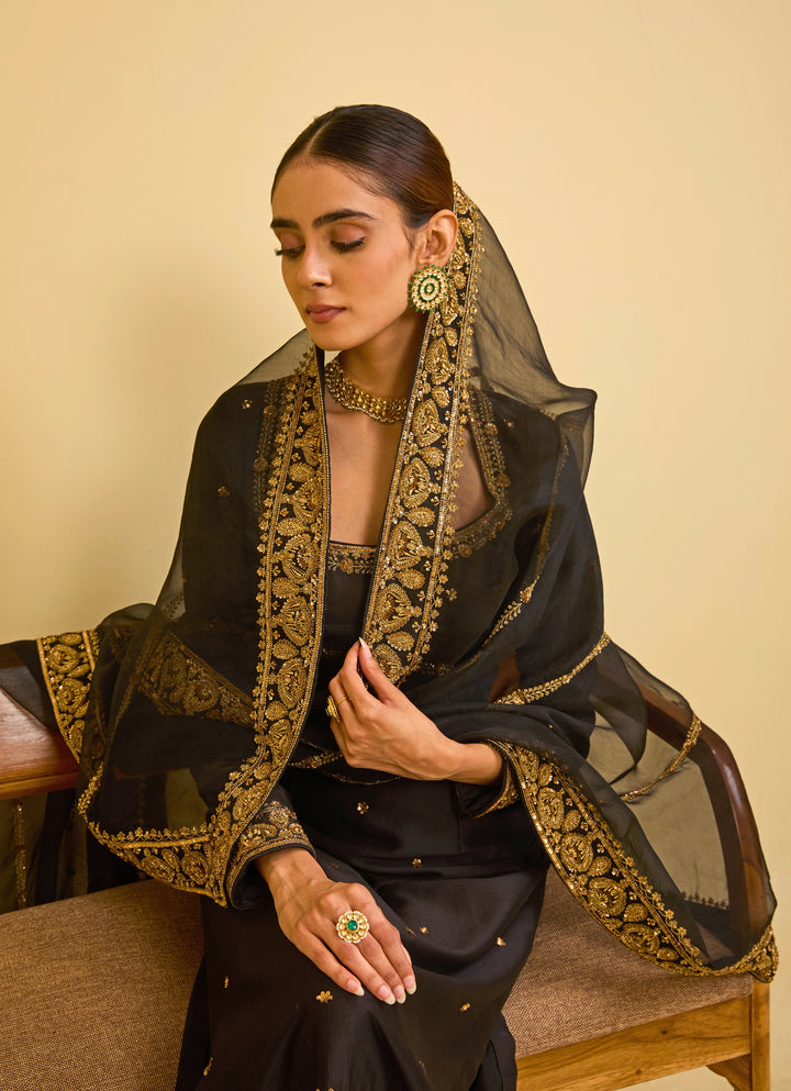 Black Chanderi Straight Kurta Set