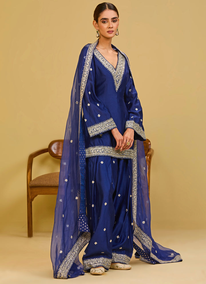 Midnight Blue Chanderi Kurta Farshi Salwar Set