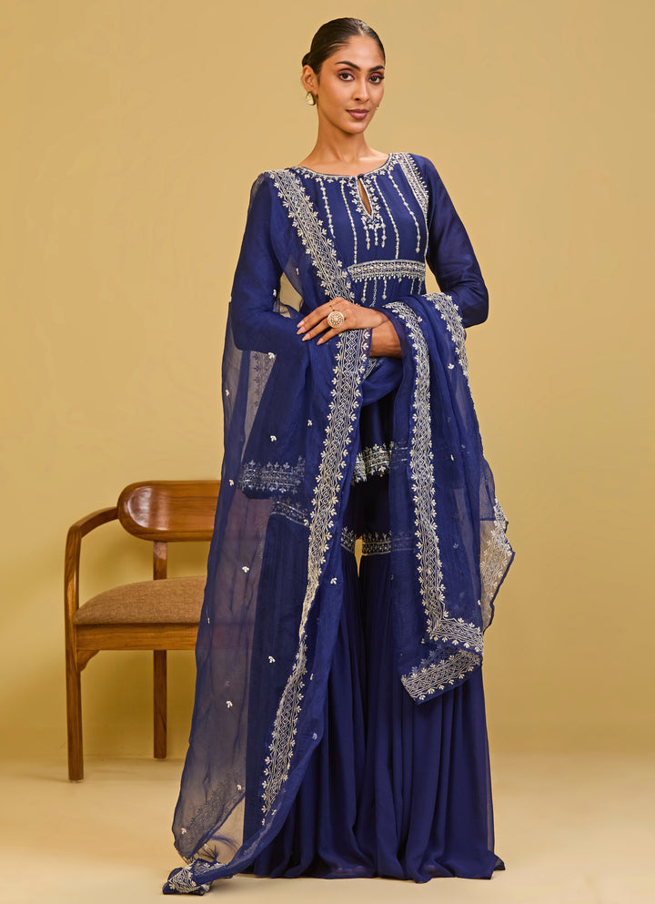 Midnight Blue Chanderi Peplum Kurta Sharara Set