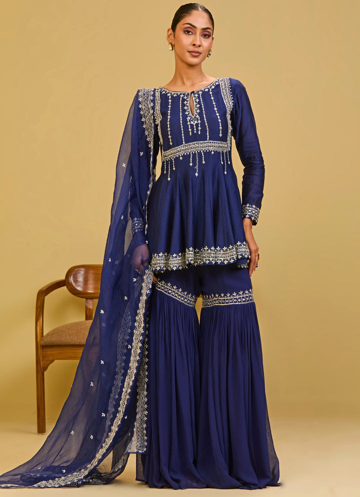 Midnight Blue Chanderi Peplum Kurta Sharara Set
