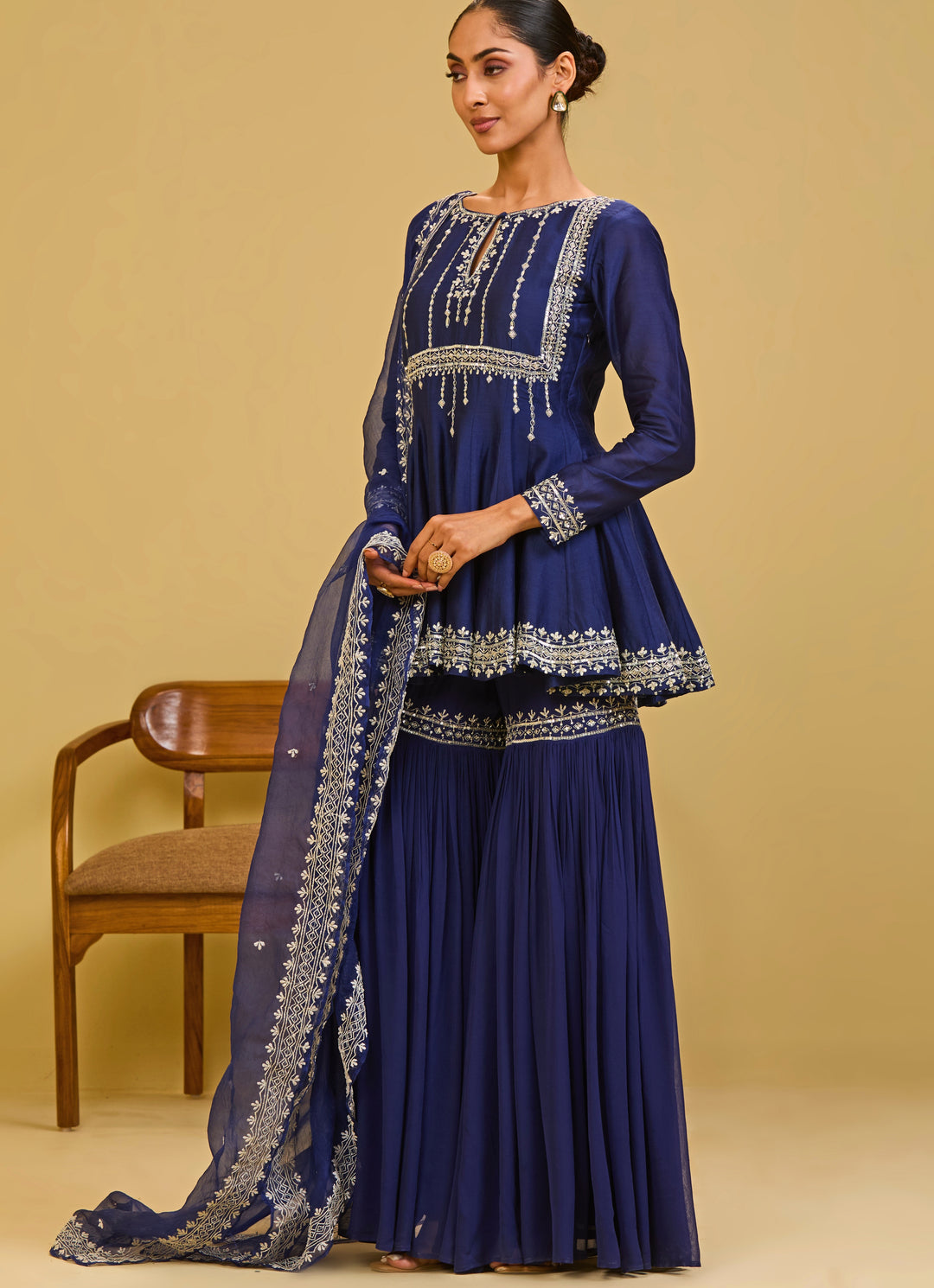 Midnight Blue Chanderi Peplum Kurta Sharara Set