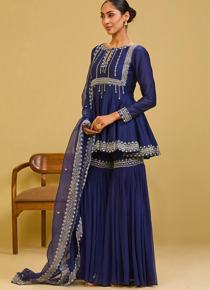 Midnight Blue Chanderi Peplum Kurta Sharara Set