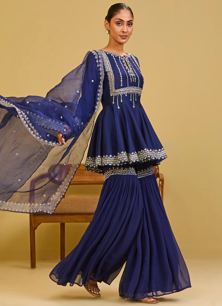 Midnight Blue Chanderi Peplum Kurta Sharara Set
