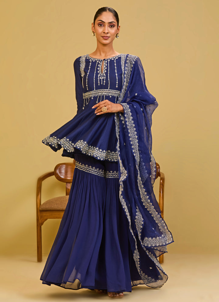 Midnight Blue Chanderi Peplum Kurta Sharara Set