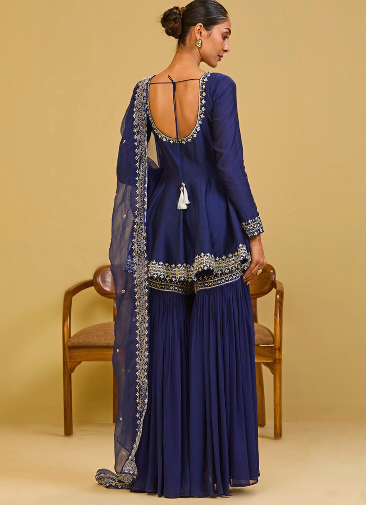 Midnight Blue Chanderi Peplum Kurta Sharara Set