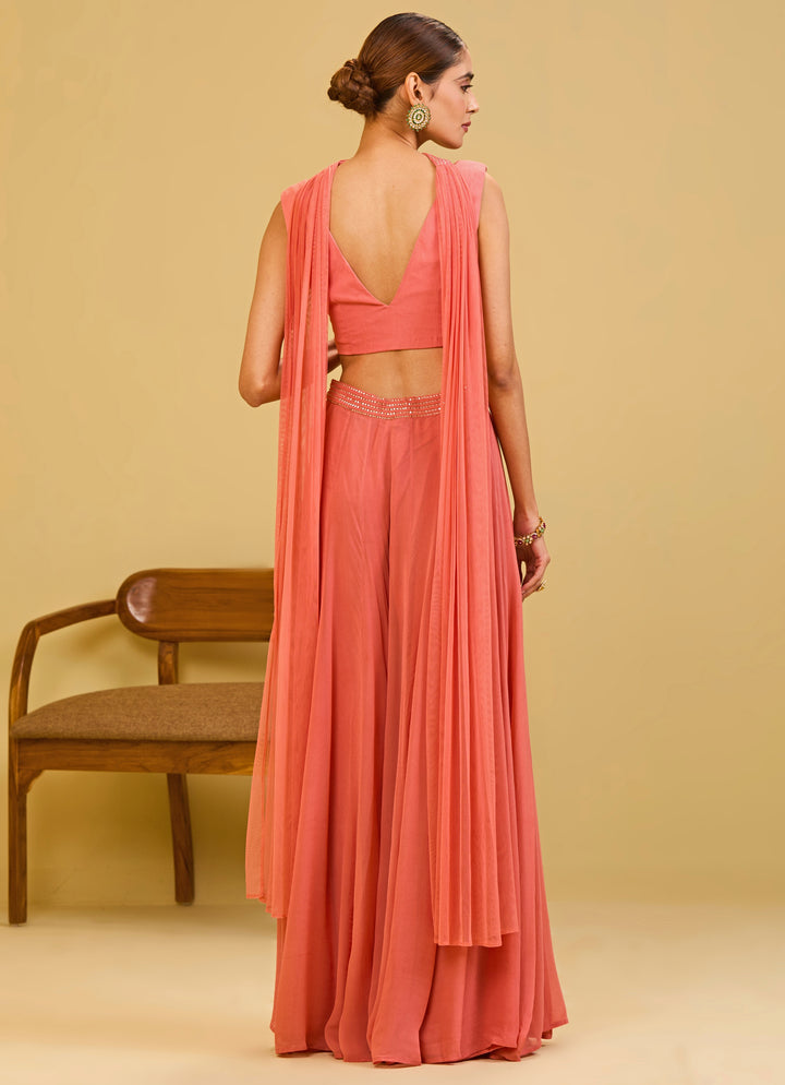 Coral Pink Georgette Blouse Palazzo Set