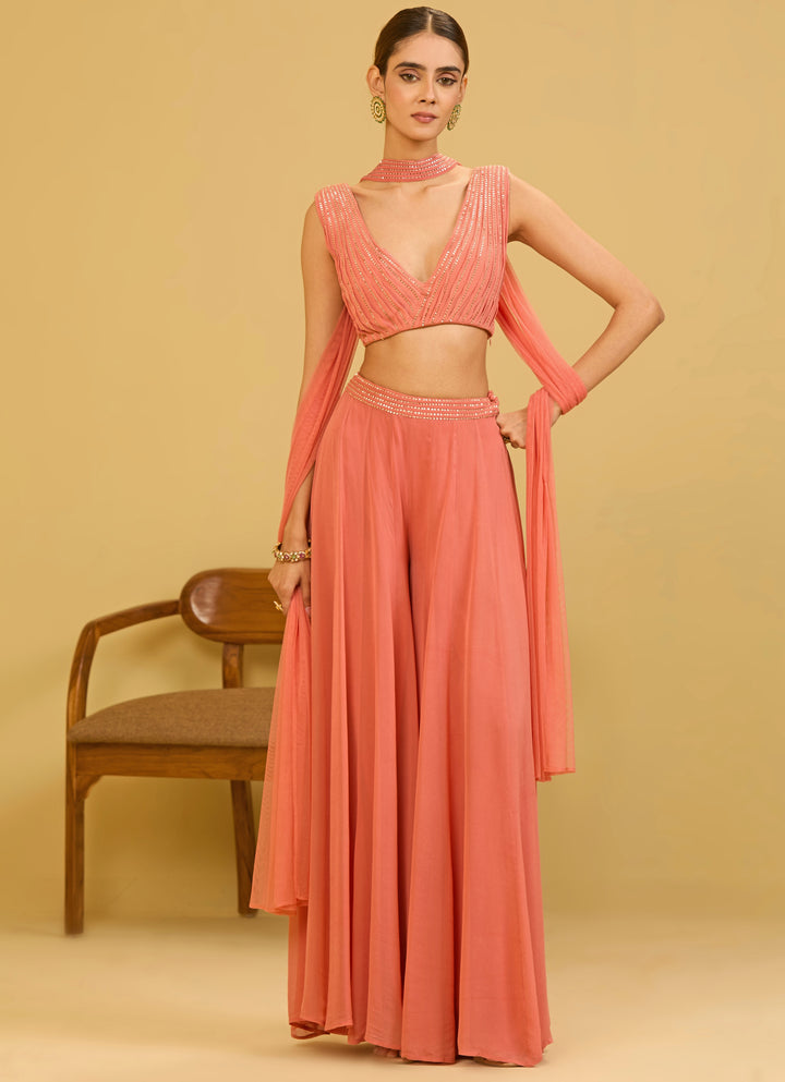 Coral Pink Georgette Blouse Palazzo Set