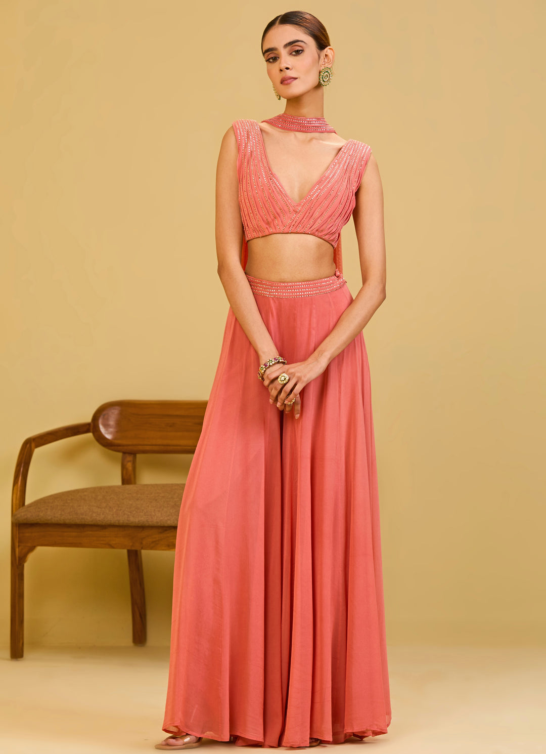 Coral Pink Georgette Blouse Palazzo Set