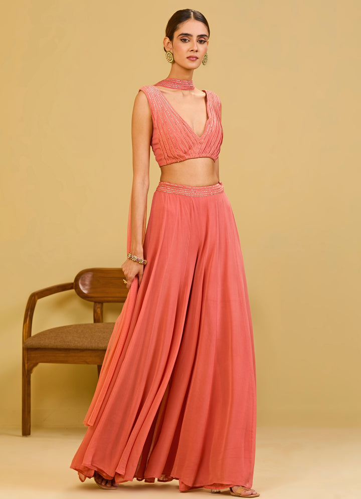 Coral Pink Georgette Blouse Palazzo Set