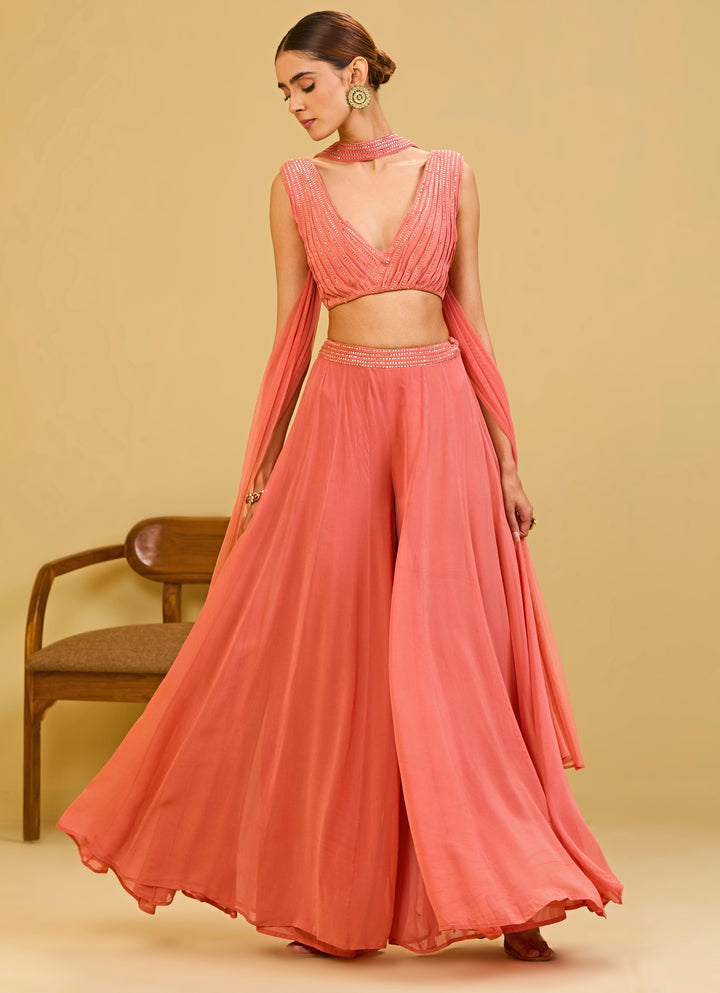 Coral Pink Georgette Blouse Palazzo Set