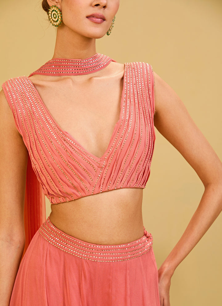 Coral Pink Georgette Blouse Palazzo Set