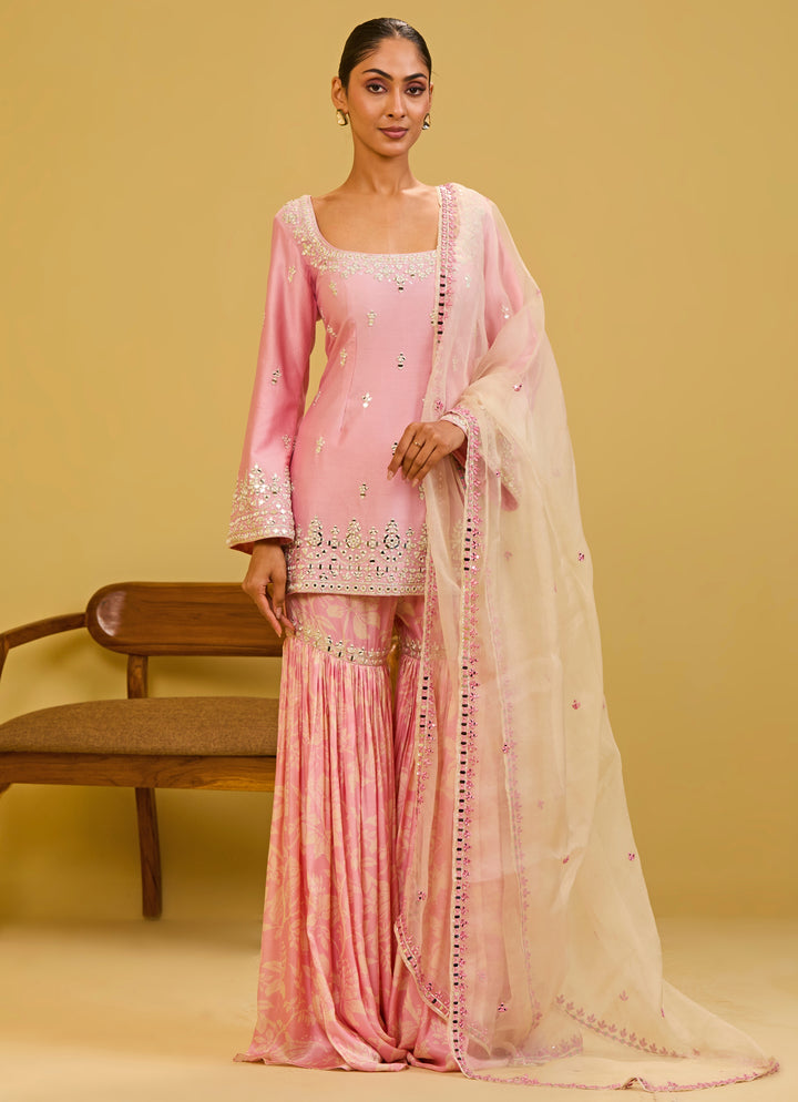 Pastel Pink Chanderi Kurta Sharara Set