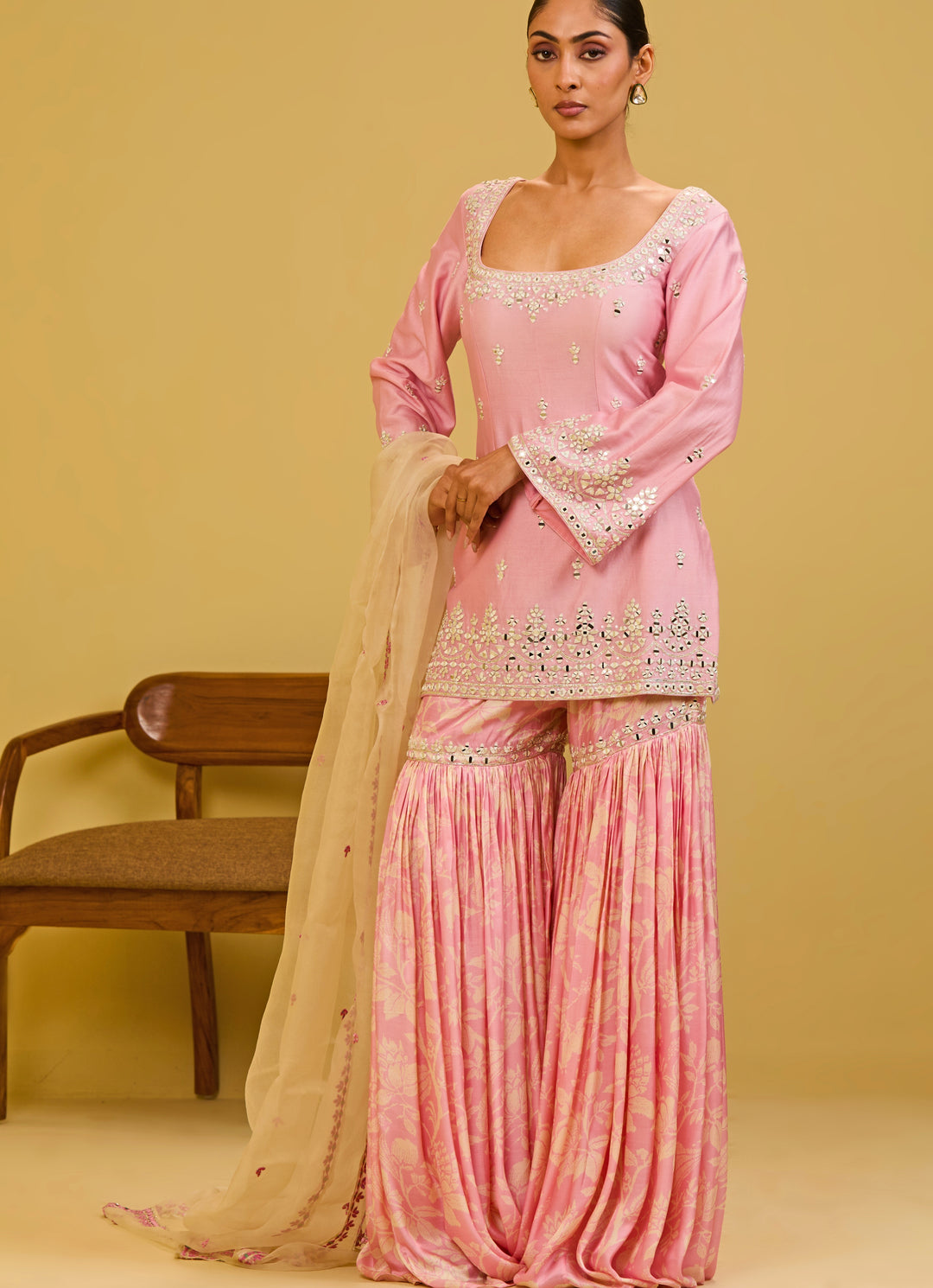 Pastel Pink Chanderi Kurta Sharara Set