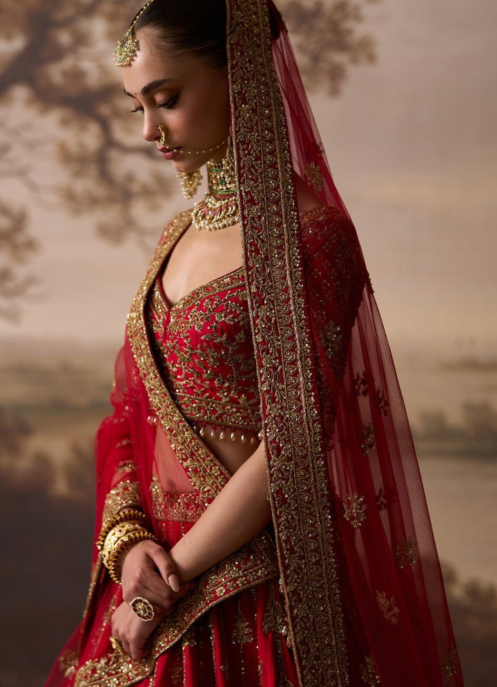 Red Raw Silk Double Dupatta Bridal Lehenga