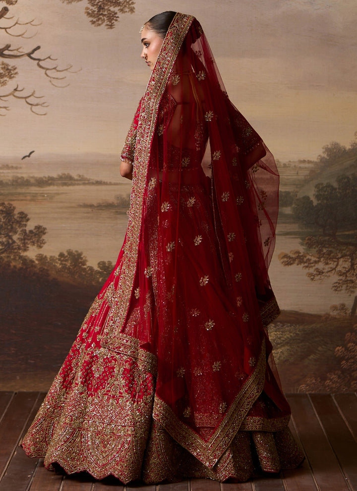 Red Raw Silk Double Dupatta Bridal Lehenga