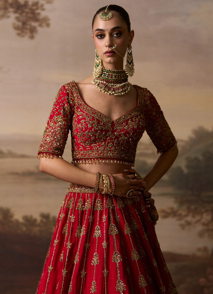 Red Raw Silk Double Dupatta Bridal Lehenga