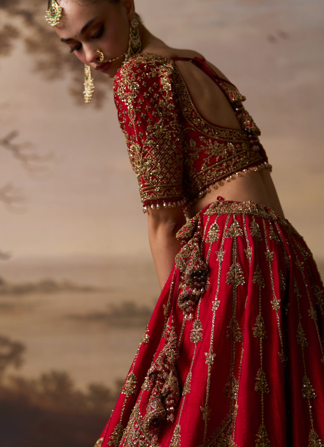 Red Raw Silk Double Dupatta Bridal Lehenga
