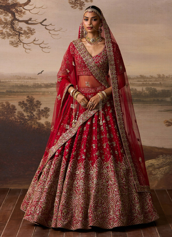 Scarlet Red Raw Silk Double Dupatta Bridal Lehenga