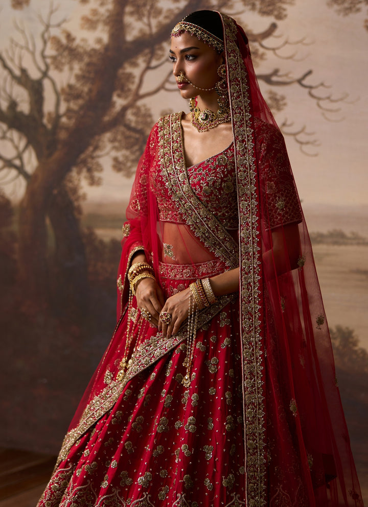 Scarlet Red Raw Silk Double Dupatta Bridal Lehenga
