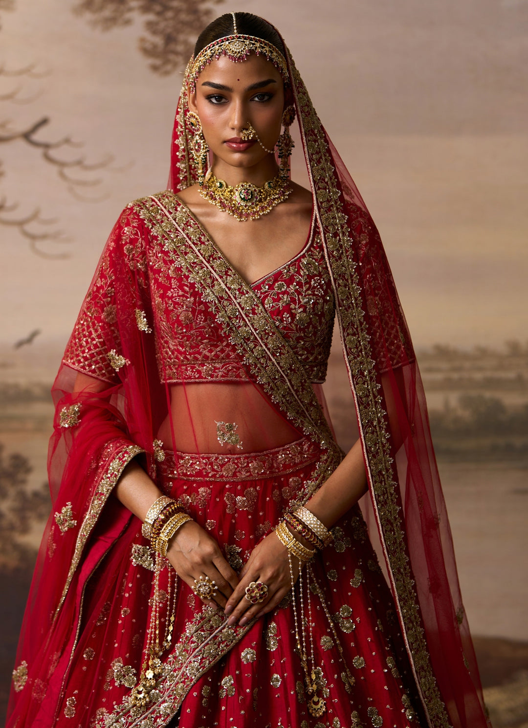 Scarlet Red Raw Silk Double Dupatta Bridal Lehenga