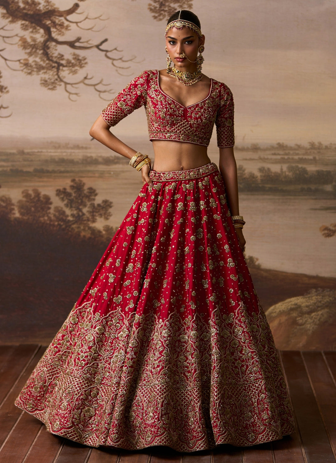Scarlet Red Raw Silk Double Dupatta Bridal Lehenga