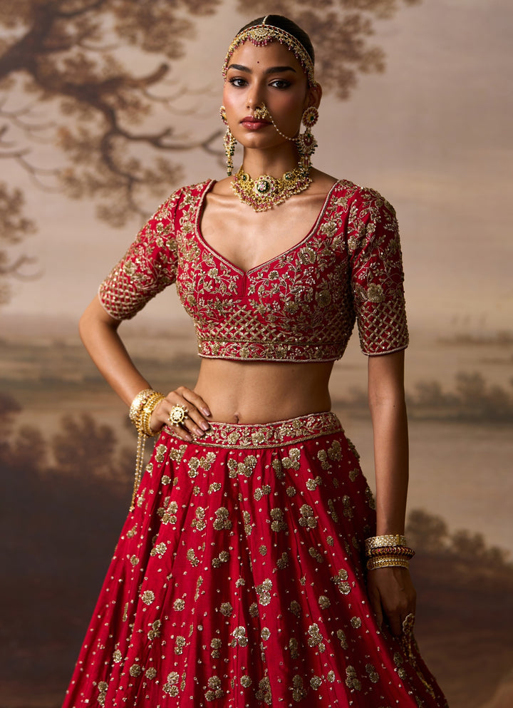 Scarlet Red Raw Silk Double Dupatta Bridal Lehenga
