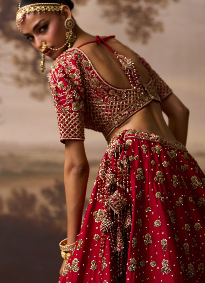 Scarlet Red Raw Silk Double Dupatta Bridal Lehenga