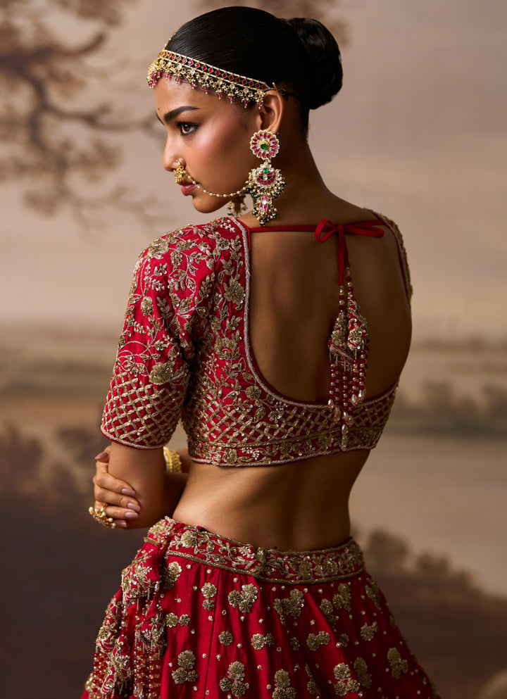 Scarlet Red Raw Silk Double Dupatta Bridal Lehenga
