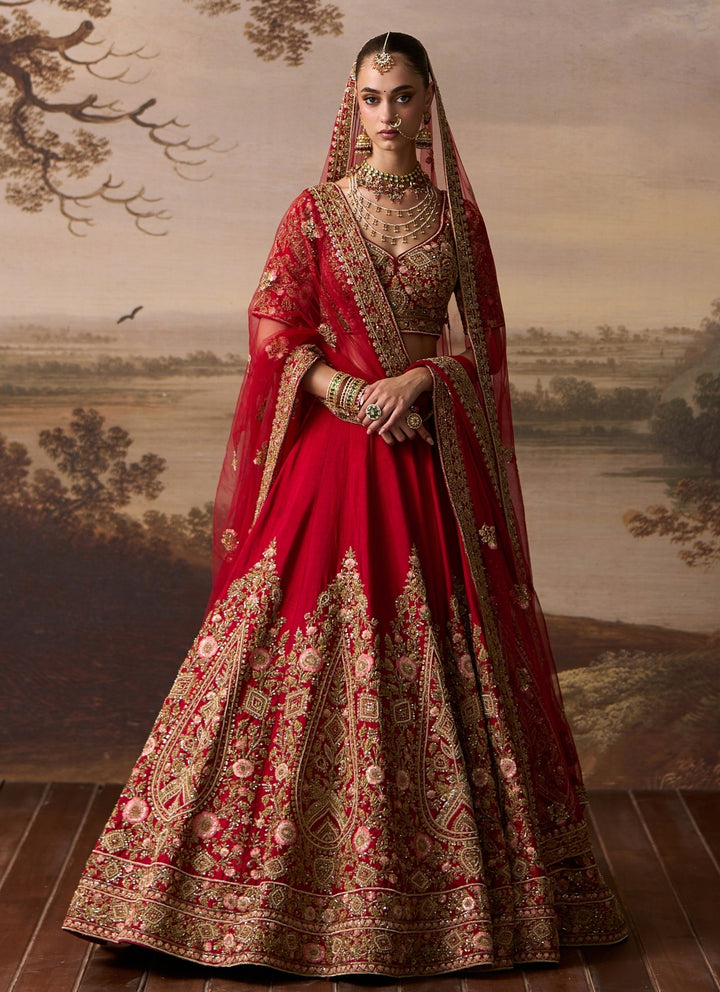 Deep Red Raw Silk Double Dupatta Bridal Lehenga