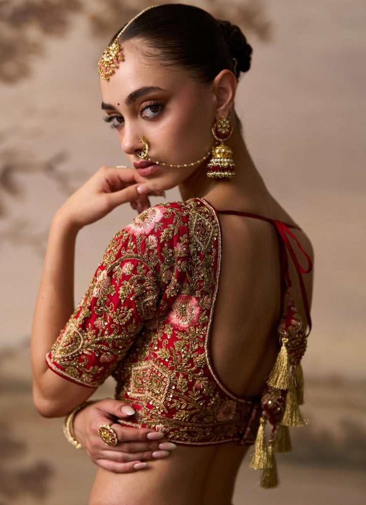 Deep Red Raw Silk Double Dupatta Bridal Lehenga