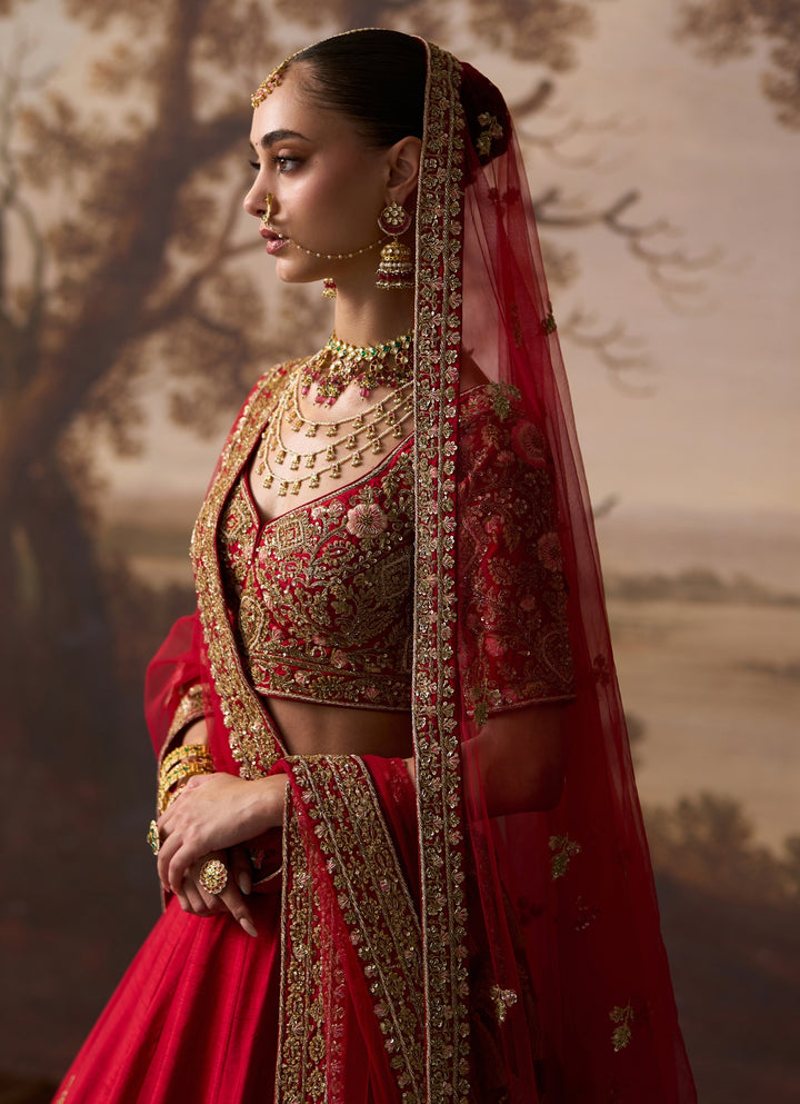 Deep Red Raw Silk Double Dupatta Bridal Lehenga