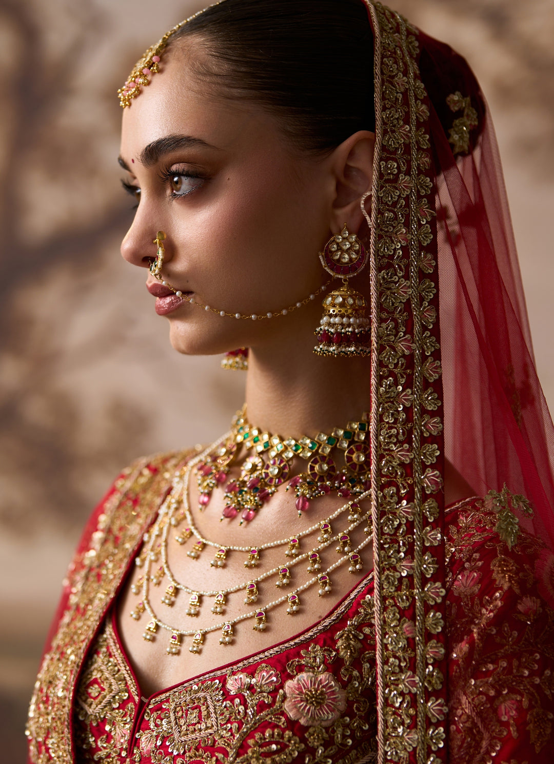 Deep Red Raw Silk Double Dupatta Bridal Lehenga