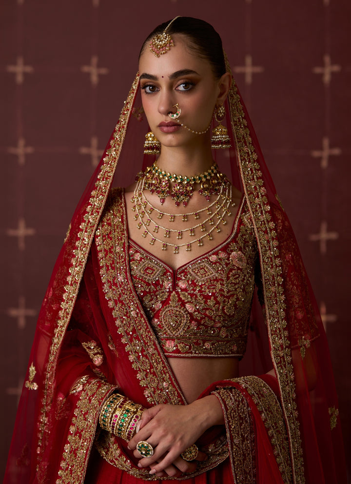 Deep Red Raw Silk Double Dupatta Bridal Lehenga
