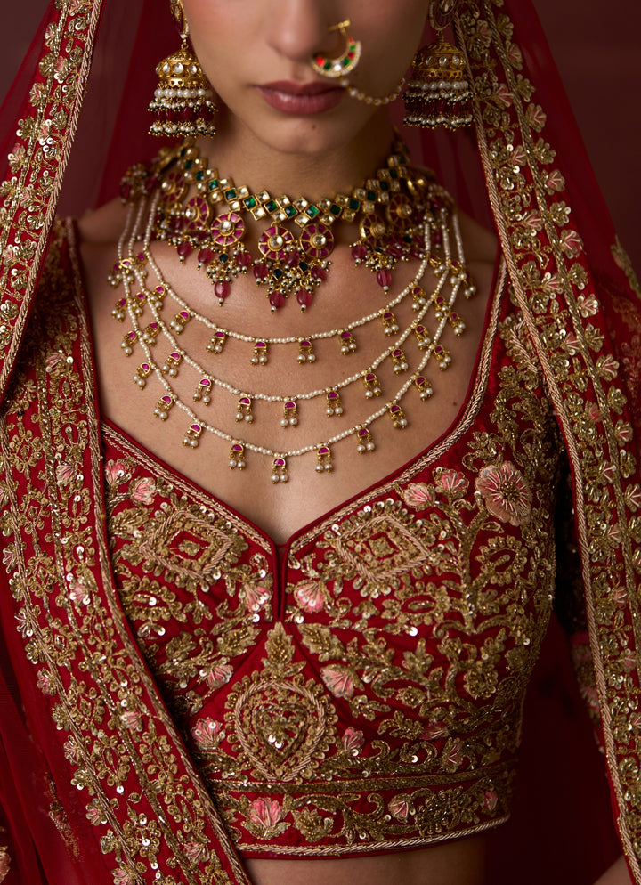 Deep Red Raw Silk Double Dupatta Bridal Lehenga
