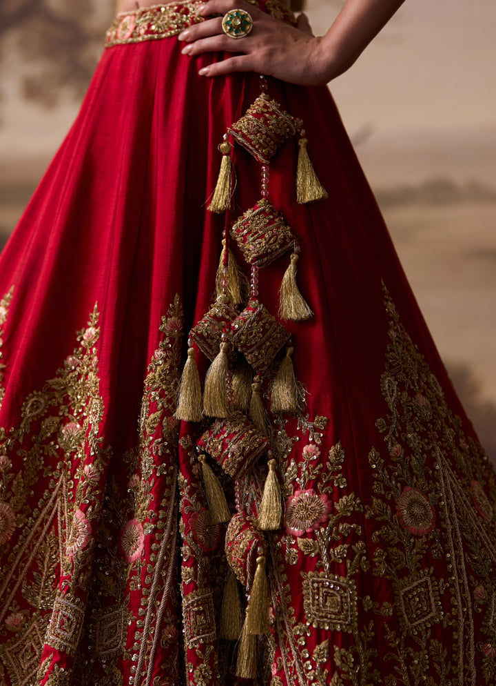 Deep Red Raw Silk Double Dupatta Bridal Lehenga