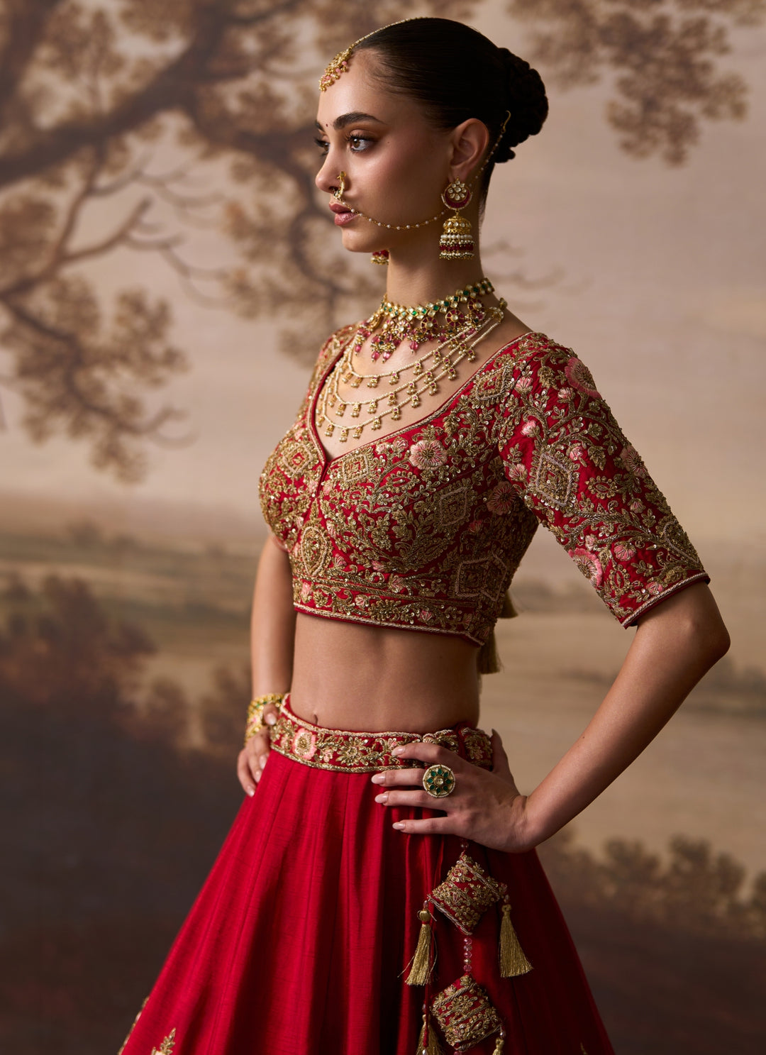 Deep Red Raw Silk Double Dupatta Bridal Lehenga