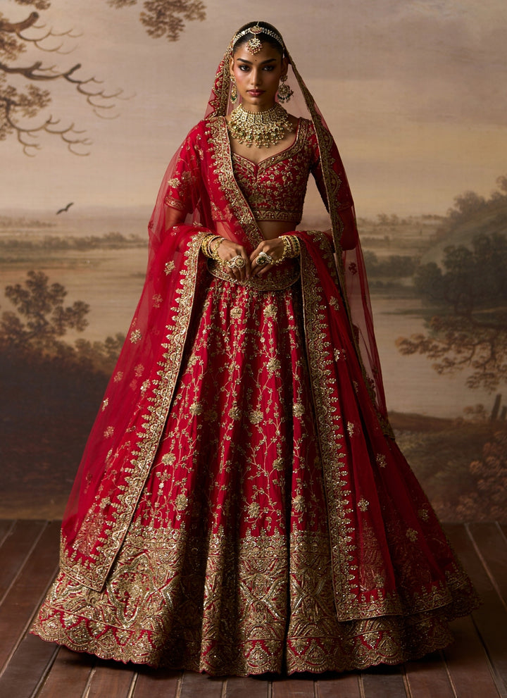 Red Embroidered Raw Silk Bridal Lehenga Set