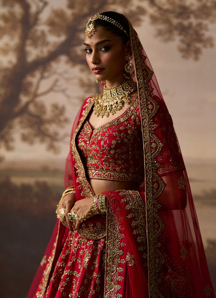 Red Embroidered Raw Silk Bridal Lehenga Set