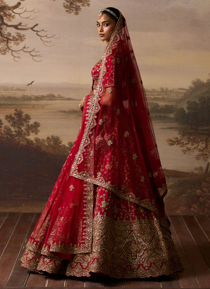 Red Embroidered Raw Silk Bridal Lehenga Set